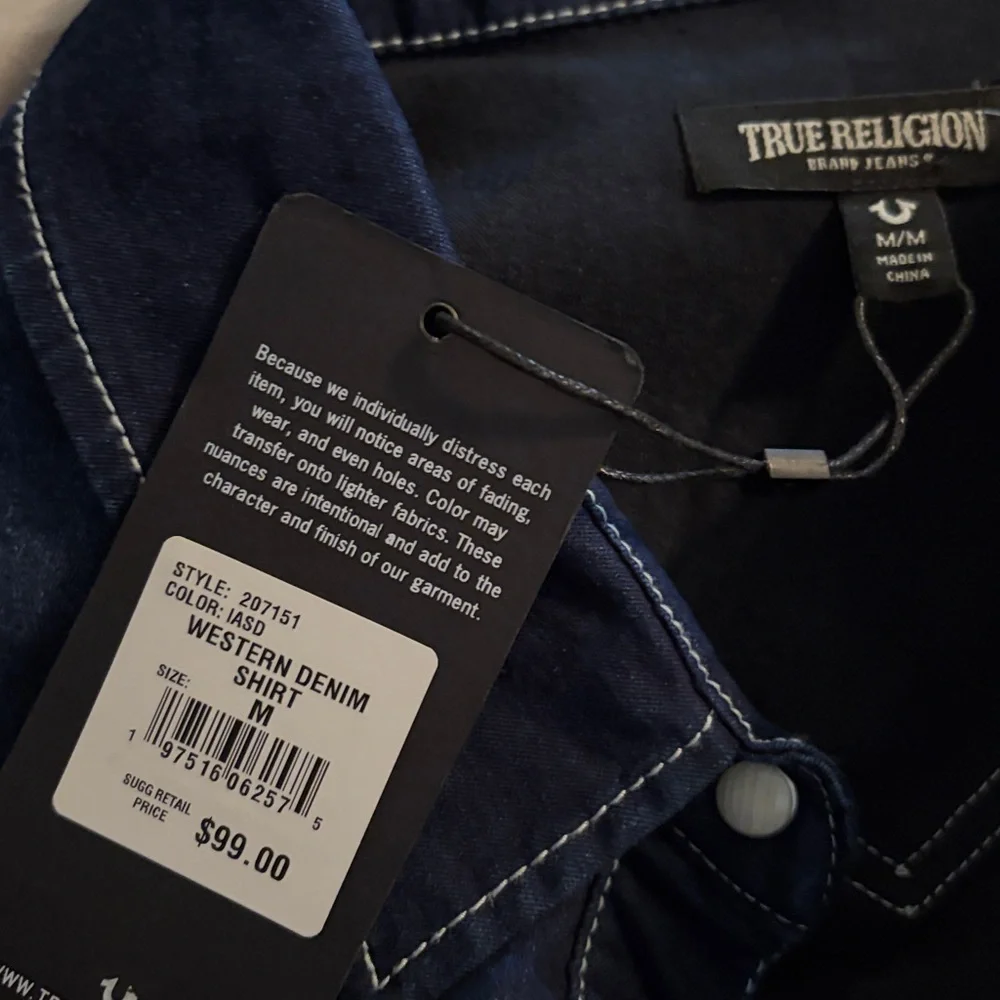 True Religion Chambray Western Denim Shirt Shacket Dark‎ Pearl Snap Button New M - Picture 11 of 13